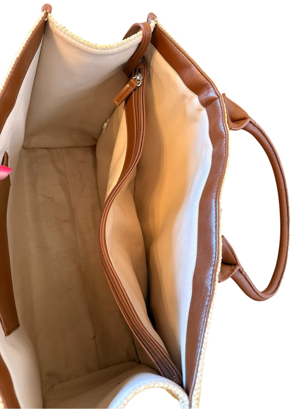 BCBG Two-Tone Straw Tote with Brown Leather Accents and room for laptop - Picture 5 of 7